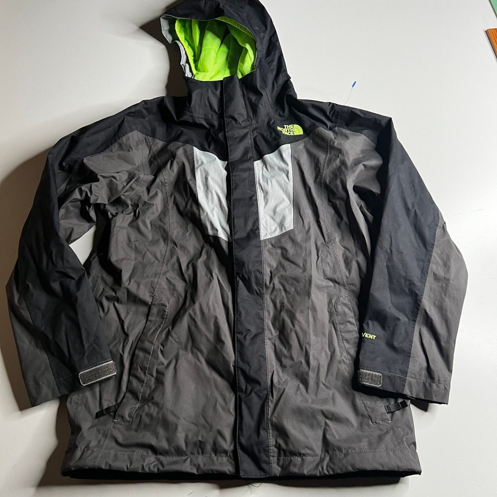 The North Face Boys HyVent Rain Jacket Large 14/16 Black Grey Lime Green Hooded